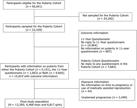 Flow diagram of study population (N = 13 285), Puberty Cohort, Denmark 2012–2018.