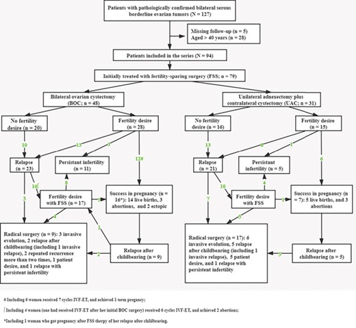 Flowchart of reproductive outcomes after fertility-sparing surgery in young women with bilateral serous borderline ovarian tumors.