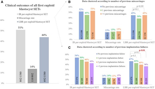 Clinical outcomes of the first euploid blastocyst single embryo transfers (SETs) conducted during the study period. (A) Overall data. (B) Data clustered according to number of previous miscarriages. (C) Data clustered according to number of previous implantation failures. IR, implantation rate; LBR, live birth rate.