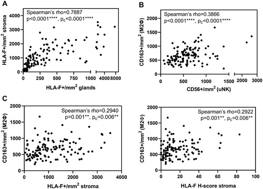 Basic correlations in the endometrium and correlation of endometrial HLA-F with anti-inflammatory macrophages. The figure shows plots of the whole cohort (n = 121). (A) HLA-F expression in the endometrial glands is positively correlated with HLA-F expression in the endometrial stroma. (B) CD56+ uNK cells are positively correlated with CD163+ anti-inflammatory macrophages. (Spearman’s correlation; pc-values were adjusted by Bonferroni’s correction for multiple comparison). (C) The HLA-F expression in the endometrial stroma is positively correlated with the amount of anti-inflammatory M2 macrophages identified as CD163+ cells. (Spearman’s correlation; Pc-values were adjusted by Bonferroni’s correction for multiple comparison.).