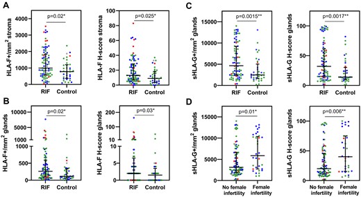 Women experiencing recurrent implantation failure (RIF) express higher levels of HLA-F in the endometrial stroma and higher levels of both HLA-F and sHLA-G in the endometrial glands than women in the control group. (A) HLA-F expression in the endometrial stroma, (B) HLA-F expression in the endometrial glands and (C) sHLA-G expression in the endometrial glands. (Women with RIF: n = 85, and IVF controls: n = 36. The data are presented as median with interquartile range; Mann–Whitney U test). (D) Impact of female infertility on glandular sHLA-G expression. The female factor subgroup shows higher sHLA-G expression compared with the no female factor subgroup. The sHLA-G expression in the endometrial glands of women with female infertility is significantly higher than in women without female infertility diagnosis (whole cohort, n = 121; median with interquartile range; Mann–Whitney U test). However, when only samples in the receptive phase from the RIF and the control group, respectively, are compared only sHLA-G expression in the glands remain significant (P = 0.014 and P = 0.015). (Colours according to the ERA test result: blue=prereceptive/early receptive; green=receptive; red=late receptive/post-receptive; grey=no test result).