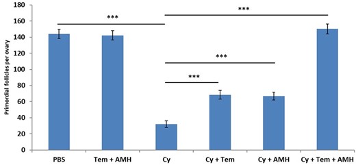 Temsirolimus and recombinant AMH in vivo primordial follicle counting. Ovaries from 8-week-old mice that were removed 21 days after a single dose of Cyclophosphamide (Cy, 150 mg/kg) or the equivalent volume of PBS with or without cotreatment with Temsirolimus (Tem) and/or recombinant anti-Müllerian hormone (AMH) and were stained with hematoxylin and eosin for follicle count: primordial follicles were counted 21 days after Cy treatment. Fourteen to 16 ovaries were counted for follicles per group, ***P < 0.001. Data were expressed as the mean ± SEM. Statistical analyses were performed by the mixed procedure followed by Tukey’s multiple comparison test.