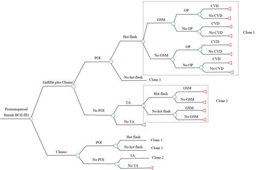 Decision tree of the MS model. Circles represent a chance node, squares represent a decision node, and triangles represent an ending node. Clone represents a copy of the decision tree branches in the dotted box, corresponding to the clone number in a same tree. BC, breast cancer (Stages I–III); Chemo, chemotherapy; CVD, cardiovascular disease; GnRHa, GnRH agonist; GnRHa plus Chemo, adding GnRHa during chemotherapy; GSM, genitourinary syndrome; MS, menopausal symptoms; OP, osteoporosis; POI, premature ovarian insufficiency; TA, temporary amenorrhea.