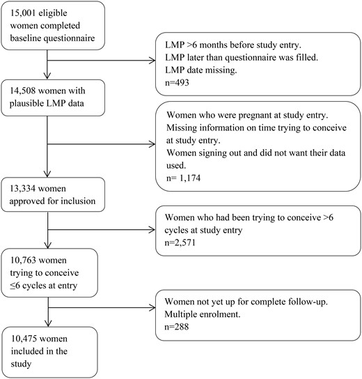 Flowchart of the study population: the ‘SnartGravid.dk’ (Soon Pregnant, SG) and the ongoing ‘SnartForældre.dk’ (Soon Parents, SF) cohorts. LMP: last menstrual period.