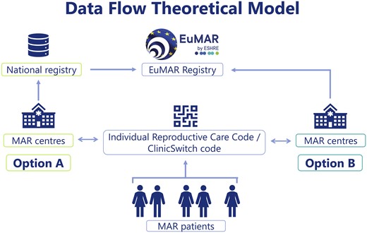 EuMAR data flow theoretical model. Countries report cycle-by-cycle data to EuMAR through a national registry (Option A). Alternatively, MAR centres report to the EuMAR registry directly (Option B). In both cases, patients are assigned an Individual Reproductive Care Code (IRCC) and can request a ClinicSwitch code to be presented at a second clinic if they decide to undergo a new treatment cycle elsewhere. EuMAR, European Monitoring of Medically Assisted Reproduction.