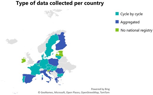 Type of data collected per country. Thirteen countries collect cycle-by-cycle data, 8 countries collect aggregated data, and 5 countries reported having no national registry for MAR treatments.