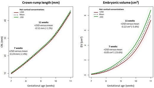 Effect plots illustrating crown–rump length (CRL) and embryonic volume (EV) trajectories during the first trimester of pregnancy stratified for hair cortisol concentrations. The effect plots visually depict the median CRL- and EV-trajectories during the first trimester of pregnancy predicted by multivariable mixed models for the mean hair cortisol concentration and concentrations 2SD, above and below the mean. In this figure, the left panel represents the CRL-trajectory and the right panel the EV-trajectory. The models were adjusted for corticosteroid use within the last 3 months, natural hair color, age, BMI, smoking, vegetable intake, and fetal sex. The solid line represents the estimated regression line, while the shaded area represents the 95% CI around the regression line.