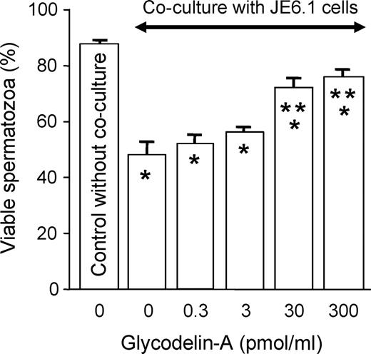  Co-culture of human spermatozoa with JE6.1 lymphocyte cell line in the absence or presence of different concentrations of glycodelin-A. * P < 0.05, significant difference when compared with control without co-culture (column 1).* P < 0.05, significant difference when compared with control without glycodelin-A pretreatment (column 2). 