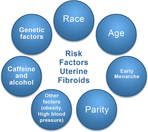 Risk factors for uterine fibroid. These include race, age, delayed pregnancy, early menarche, parity (protective effect), caffeine, genetic alterations, and others, such as obesity and a diet rich in red meat.