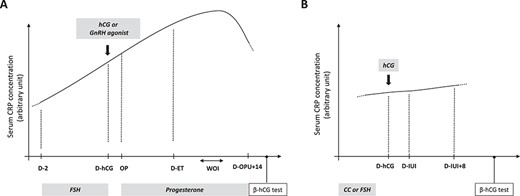 Proposed model of circulating C-reactive protein concentration dynamics in women undergoing ART. In IVF (A), circulating C-reactive protein (CRP) values rise from the early follicular phase to the window of implantation. In IUI (B), circulating CRP concentration remains similar from the start of controlled ovarian hyperstimulation (COH) to the luteal phase. D: day; WOI: window of implantation; OP: ovarian puncture; ET: embryo transfer; CC: clomiphene citrate.
