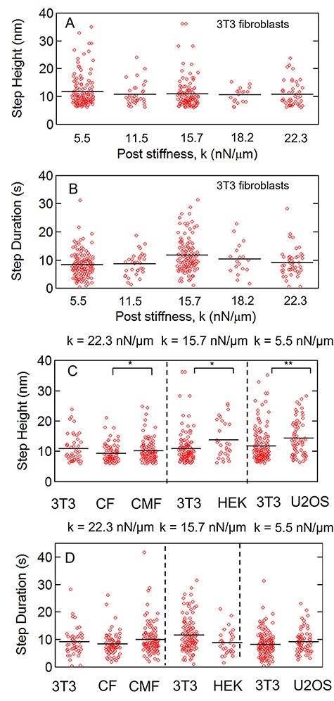 (A) Step heights and (B) step durations of cytoquake events found in 3T3 fibroblasts on different substrate stiffnesses. (C and D) show the corresponding data for different cell types, where CF = cardiac fibroblast and CMF = cardiac myofibroblast. The black lines show the means. Each cell type is compared with 3T3 fibroblasts on the corresponding substrate stiffness. (*: P < 0.05, **: P < 0.01 via Kolmogorov–Smirnov test.)