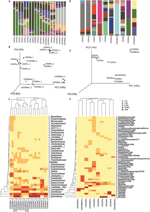 Bacterial and viral abundance and diversity between samples before and after treatment and surgery, based on the 16S rRNA gene. A, Bar plot of the bacterial abundance at the family level. B, Sample clustering and heatmap of bacterial families, based on Canberra distance matrix. C, PCoA depicting the first 3 axes. D, Bar plot of the viral abundance at the family level. E, Sample clustering and heatmap of viral families, based on Canberra distance matrix. F, PCoA depicting the first 3 axes. Color code: blue dot—fecal sample; red dot—biopsy. Sample codes: CD03, CD patient 3 (individual 23); CD05, CD patient 5 (individual 25); Fa, feces active new onset; Fc, feces previous to surgery; Ba, endoscopic biopsy active new onset; BAc, surgical biopsy from affected zone; and BNAc, surgical biopsy from not affected zone.