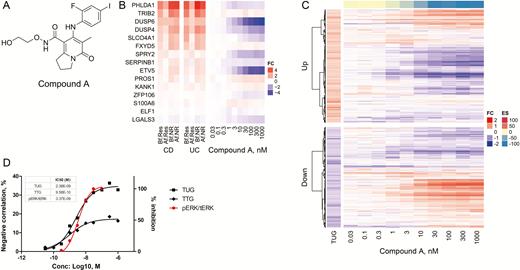 MEK1/2 inhibitor normalized reference CD signature in LoVo cells. A, Chemical structure of Compound A. B, Heatmap showing the genes from the MEK activation signature for both CD and UC patients (left) compared with fold change in gene expression levels in LoVo treated with Compound A across 10 dose response conditions (0.03–1000 nM, n = 3, right). C, Heatmap of TUGs clustered into upregulated and downregulated genes compared with fold change in gene expression levels in LoVo treated with Compound A across 10 dose response conditions (0.03–1000 nM, n = 3), obtained by Ampli-seq analysis. The color-coded scale for the normalized expression value is indicated at the right of the figure, which correlates with color intensity to the fold change of gene expression and enrichment score. D, IC50 values were calculated by plotting both negative correlation rate between Compound A DEGs of TUGs/TTGs and in vitro pERK inhibitory activity in LoVo cells using a nonlinear regression analysis by GraphPad Prism (GraphPad, La Jolla, CA, USA).