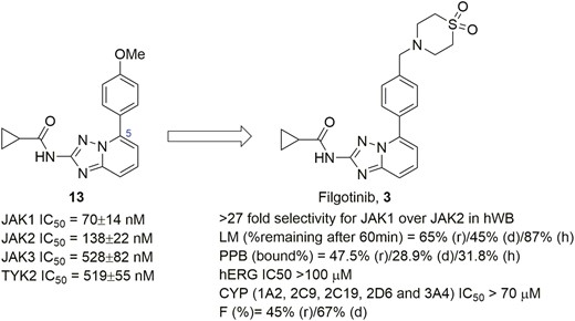 Evolution of compound structures from hit 13 to a selective JAK1 inhibitor filgotinib (3).