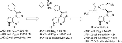 Evolution of compound structures from hit 14 to the JAK1 selective inhibitor upadacitinib (4).