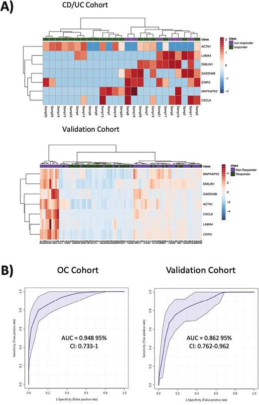 A selection of response predictive markers for anti-tumor necrosis factor (TNF) therapy. An area under the curve (AUC) analysis was performed on the enriched genes with variable importance in projection >1 that were also measured in the validation study. A, Heat map summaries of the 7 selected targets in the Crohn’s disease (CD)/ulcerative colitis (UC) and validation cohorts. B, Sensitivity vs specificity receiver-operating characteristic curves for combined use of CRIP2, CXCL6, EMILIN1, GADD45B, LAMA4, and MAPKAPK2 as predictors of TNF response in the optima cohort and validation cohorts. CI, confidence interval.