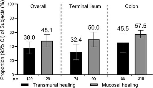 Rates of TH and MH at visit-2 (44-56 weeks), evaluated at both overall and segment levels. Transmural healing was defined as normalization of all intestinal ultrasound parameters in the most affected segment. Segmental MH was defined as a SES-CD of 0 in the target segment with segmental SES-CD ≥3 at baseline, while overall MH was defined as a total SES-CD score of 0. Due to intestinal stenosis, 4 terminal ileums were inaccessible for endoscopy and were classified as non-MH in the segment-level analysis. The analysis of segmental MH in the colonic segment included the rectum in the calculation. Abbreviations: CI, confidence interval; TH, transmural healing; MH, mucosal healing; SES-CD, Simple Endoscopic Score for Crohn’s Disease.