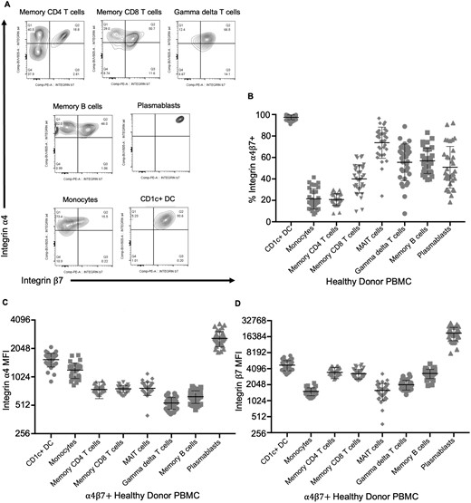 Circulating CD1c+ dendritic cells express more integrin α4β7 than other immune populations. Flow cytometry of peripheral blood cells from healthy donors was gated on live CD4+ or CD8+, CD45RA–, CD3+, TCRαβ+ memory T cells, CD3+, TCRαβ– (presumed γδ+) T cells, CD19+, IgD–, CD20+, CD38– memory B cells, CD19+, CD20+, CD20–, CD38+ plasmablasts, or CD3–, CD19–, HLA-DR+ cells further subdivided into CD11c+, CD1c–, CD14+ monocytes, CD11c+, or CD1c+, CD14– dendritic cells (CD1c+ DC). Representative expression of integrins α4 and β7 by these cells from a single healthy donor is shown in panel A. The fraction of each population coexpressing both integrins (quadrants Q2 in panel A) (B) and the mean fluorescence intensity (MFI) of that α4β7+ fraction for integrin α4 (C) or β7 (D), reflecting integrin expression per positive cell, is plotted for data from the blood of 25 healthy donors. Means and standard deviations are shown. PBMC, peripheral blood mononuclear cell.