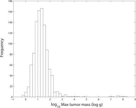 Distribution of maximum tumor sizes in 1000 simulations of vascular tumor growth. In all simulations, the tumor was challenged by 20 mutant strains with a mean of 50 days between challenges.