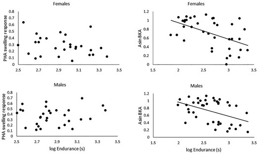 Relationships between endurance capacity and two measures of immune function (swelling response to phytohaemagglutinin (mm) and bacterial killing ability (%), BKA) in males and females. There was no significant relationship for PHA swelling response in either sex (P > 0.06 for both), but there was a significant negative relationship with BKA for both sexes (females, F1, 35 = 12.66, P = 0.001; males, F1, 38 = 9.46, P = 0.004). Data are from Husak et al. (2016).