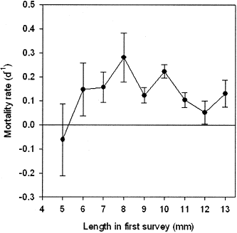 Daily mortality of shanny larvae (error bars: 95% confidence intervals around the mean) in relation to their length during the first survey.