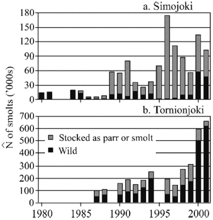 Annual smolt runs ('000s) in (a) Simojoki and (b) Tornionjoki based on smolt trapping with mark-recapture experiments (redrawn after ICES, 2002).