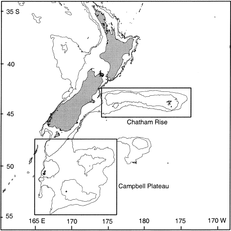 Map of New Zealand showing survey areas. Depth contours are 500 and 1000 m.