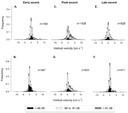 Histograms of euphausiid vertical swimming velocities during the dusk ascent. The 60-min records have been divided into three intervals, (A–B) 20:22–20:42 (early ascent), (C–D) 20:42–21:02 (peak ascent), and (E–F) 21:02–21:22 (late ascent). The upper row of plots is for 11 August and the lower row is for 12 August. The number of observations is indicated in each case. The tracked targets have been divided into three target-strength classes based on the maximum observed TS.