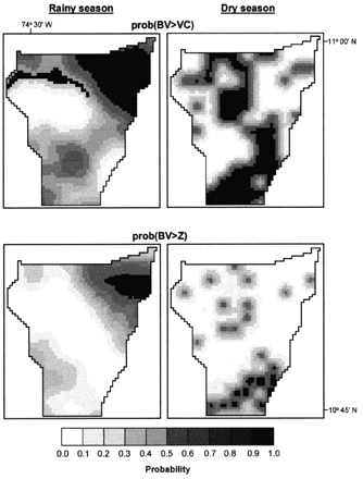 Probability maps of exceeding desirable thresholds given by prob(BV>VC) and prob(BV>Z) for rainy and dry seasons in the CGSM. Maps were produced by ordinary indicator kriging. BV, VC and Z are as defined in Figure 5.