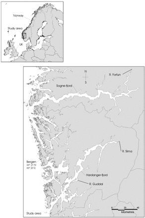 Map of the study area and the location of the sampling rivers within the fjords.