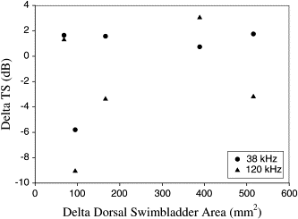 Change in TS (ΔTS in dB) of five walleye pollock at 38 kHz (circles) and 120 kHz (triangles) plotted as a function of the change in dorsal swimbladder surface area (starved − fed fish in mm2).
