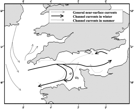 The general near-surface water movement in the English Channel and Celtic Sea (BODC, 1998).