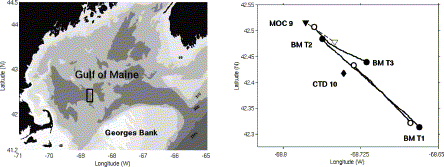 Bathymetry of the Gulf of Maine showing the location of the internal wave study (left). Location of the CTD profile (diamond), MOCNESS tow (triangles), and acoustic transects (BM T1–3) of the internal wave (right). Open and closed symbols represent the start and end points, respectively, of the transects. Labels appear next to the end point of each transect. Table 1 provides the beginning- and end-time information for each sampling event.