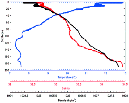Temperature (blue), salinity (red), and density (black) profiles from CTD #10 taken immediately before the internal-wave survey. Large-scale variations occur in the upper 20 m of the water column which are probably due to mixing by the internal wave.