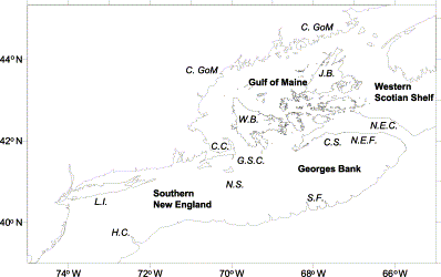 Map of the major regions (emboldened) of the northeastern US continental shelf (the western Scotian Shelf and portions of the Georges Bank are in Canadian waters). Italicized labels denote major features of the region and are provided for reference purposes. H.C., Hudson Canyon; N.S., Nantucket Shoals; G.S.C., Great South Channel; W.B., Wilkinson Bank; C.GoM, Coastal Gulf of Maine, both in Massachusetts/New Hampshire and Maine; J.B., Jordan Basin; N.E.C., Northeast Channel; N.E.F., Northeast Flank of Georges Bank; C.S., Cultivator Shoals; S.F., Southern Flank of Georges Bank; C.C., Cape Cod; L.I., Long Island. The contour line represents the 200 m isobath.