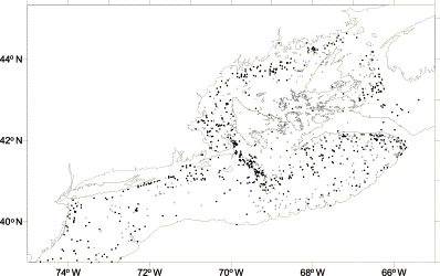 Occurrence of juvenile haddock (crosses) and the significant hangs (black dots).