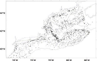 Occurrence of sea raven (crosses) and the significant hangs (black dots).