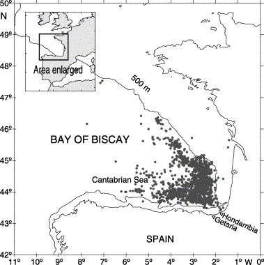 The study area, and bluefin tuna fishing locations based on logbook data.