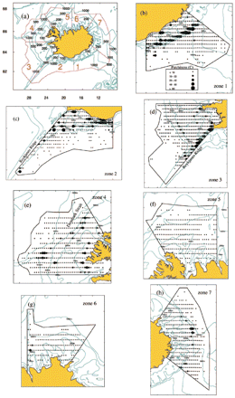 Patchiness of otter trawling effort in Icelandic waters. (a) The division of Icelandic waters into seven zones and five depth strata (<100, 100–199, 200–499, 500–999 and >1000 m). (b–h) Patchiness of otter-trawl effort within 10′ latitude × 10′ longitude rectangles. The size of dots denotes the magnitude of the coefficient of dispersion (C) and depth contour lines indicate levels of depth strata. When C≤1 the effort is random to uniform but when C>1 the effort is patchily distributed.