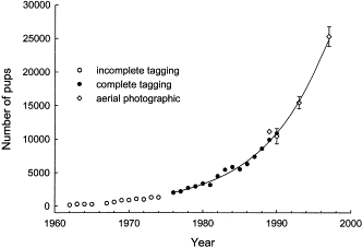 Trend in grey seal pup production on Sable Island, 1962–1997, based on incomplete tagging (1962–1974), complete tagging (1976–1990) and aerial surveys (1989–1997) (error bars: approximate 95% confidence limits; curve: exponential fit to the 1976 through 1990 censuses, see text for equation).