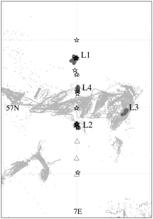 Map of sampling locations of sandeel larvae (filled dots, L1–L4) and CTD stations along a north–south transect (stars, 1995; triangles, 1996). Grey areas represent sandeel fishing grounds.