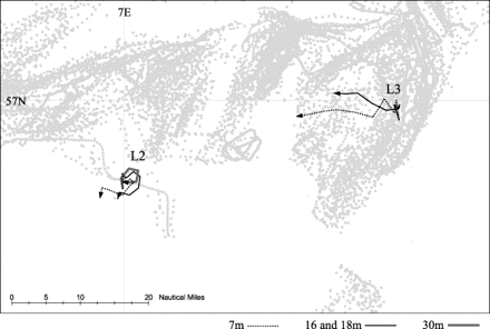 Simulated 24 h drift trajectories of sandeel larvae (lines, arrows indicate drift direction), by location and depth based on ADCP measurements. Grey areas represent sandeel fishing grounds.