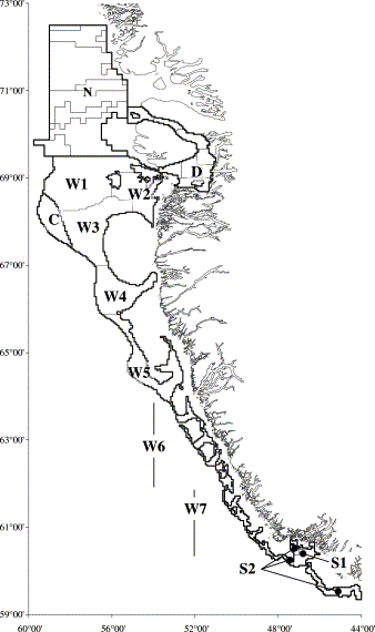 Study area and stratification for the West Greenland trawl survey for northern shrimp Pandalus borealis.