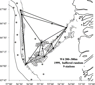 Sampling design with Delaunay triangulation for buffered random sampling from a disjunct stratum, W4, 200–300 m depth.