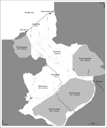 Map of the study area. Major polders and dikes are indicated, with name, year of construction, and surface area. Before 1932, the area constituted an estuary, known as Zuiderzee. Confusingly, since 1976, the name IJsselmeer applies to the northern portion and to the lake as a whole. Data points indicate the position of individual samples. Those located inside polders were taken prior to reclamation.