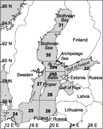 The Baltic Sea area, showing ICES subdivisions.