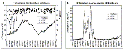 Temporal variability of (a) temperature, salinity, and (b) Chl a at three depths at Cracknore during 2001–2002.
