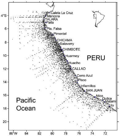 Study area along the Peruvian coast with a total of 6625 sampling points from summer and winter surveys from 1964 to 2002.