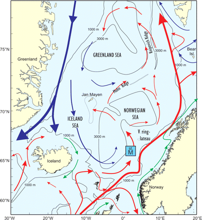 Bathymetry and main prevailing current systems in the Nordic seas.