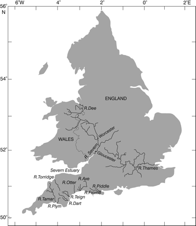 Map of England and Wales showing the rivers referred to (Dee, Severn, including its estuary, Otter, Tamar, Axe, Teign, Plym, Torridge, Dart, Frome, Piddle, and Thames).